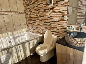 a bathroom with a toilet and a sink and a tub at Hotel Esmeralda in La Paz