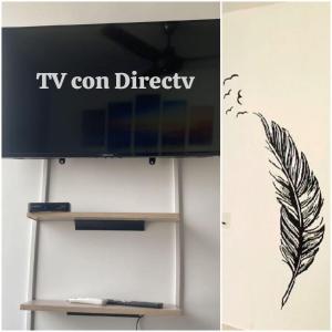 a tv on a shelf with a feather drawing on it at Apartamento Amoblado Cartagena in Cartagena de Indias +9 photos