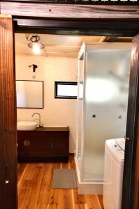 uma casa de banho com um lavatório, um chuveiro e um espelho. em hostel+cafe たね 