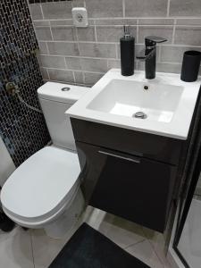 a bathroom with a white toilet and a sink at Mieszkanie na doby w Kutnie centrum ulPodrzeczna in Kutno