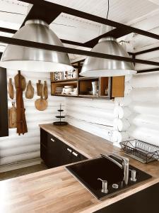 una cocina con dos luces de plata sobre un fregadero en HYTTE - Cozy Stay For Families & Friends, 