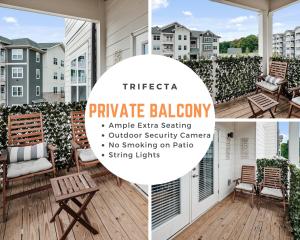 a private balcony with rocking chairs and an outdoor security camera at South Asheville Getaway Private Balcony Apt 1 in Arden
