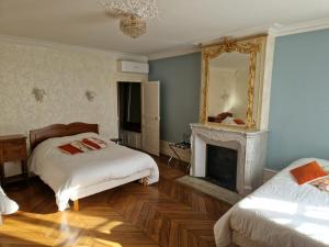 a bedroom with a fireplace and a bed and a mirror at H&ocirc;tel De La Fert&eacute; in Chagny