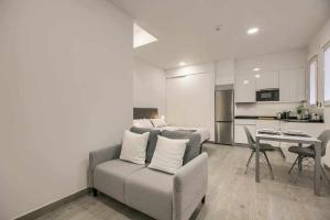 マドリードにあるRiNa MADRID apartamento 2のソファとキッチンのあるリビングルーム