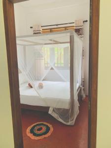 a bed with a canopy in a room at Surf Home Stay Hiriketiya in Hiriketiya