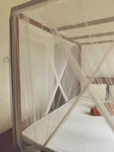 a white bunk bed with a wooden frame at Surf Home Stay Hiriketiya in Hiriketiya