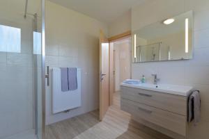 a bathroom with a sink and a shower and a mirror at Pension Schenkenfelder in Bad Häring