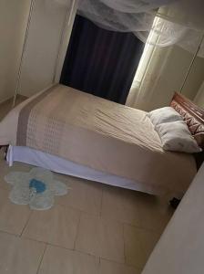 Bett in einem Zimmer mit Fenster in der Unterkunft Orchard Home Homestay in Mbarara