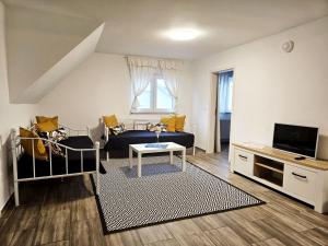 a living room with a couch and a tv at Work & Stay in Mannheim in Mannheim