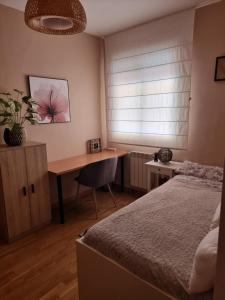 a bedroom with a bed and a desk and a window at Piso acogedor con terraza in Ciudad Real