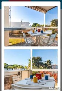 two pictures of a patio with a table and chairs at Appartement la Galerne Royan-Pontaillac - plage casino in Vaux-sur-Mer