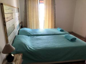 弗利康弗拉克的住宿－Aquamarine Beachfront Apartment，一间卧室设有两张带蓝色床单的床和窗户。