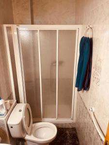 a bathroom with a toilet and a shower with a blue towel at Аппартаменты Эль Эхидо in El Ejido