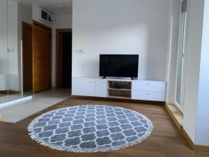 ein Wohnzimmer mit einem TV und einem Teppich in der Unterkunft Mila Apartment sajam in Novi Sad