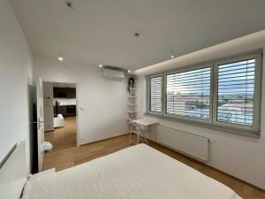- une chambre avec un lit, un bureau et une fenêtre dans l'établissement Brno City Center Apartment with parking and a big terrace, à Brno