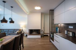 ドノヴァリにあるApartmanica Triangel 222のキッチンとテーブルとソファのあるリビングルーム