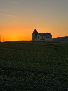 une église au milieu d'un champ au coucher du soleil dans l'établissement AU COEUR DU TERROIR CHAMPENOIS, à Chavot-Courcourt