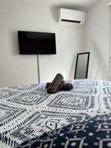 - une chambre avec un lit et une télévision murale dans l'établissement Bel Appartement au calme avec parking, à Menton
