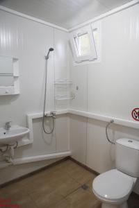 een badkamer met een douche, een toilet en een wastafel bij Rich Avdira Beach in Ávdhira