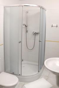 a shower in a bathroom with a toilet and a sink at Karczówka Klasztor in Kielce