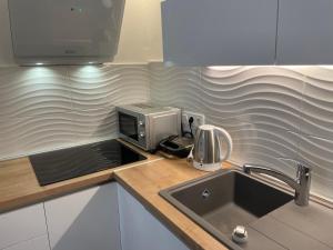 a kitchen counter with a sink and a microwave at 4* Posta / Butiga couples only apartments in Vrbnik