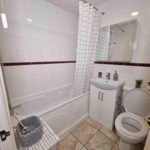 a bathroom with a toilet and a sink and a tub at cosy one bed Mill hill in Hendon