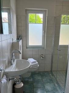 baño con lavabo y aseo y ventana en Ferienwohnung Schleistübchen en Fahrdorf