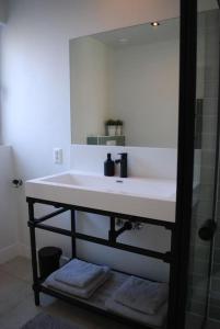 een badkamer met een witte wastafel en een spiegel bij Vrijstaande woning Drenthe bij het bos. 