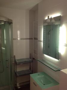 een badkamer met een douche, een wastafel en een spiegel bij Offenburg Apartment in Offenburg