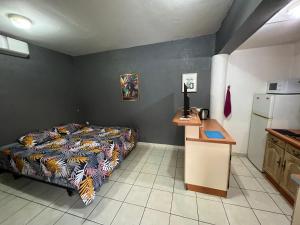 een slaapkamer met een bed, een bureau en een keuken bij Studio proche centre ville Papeete in Papeete