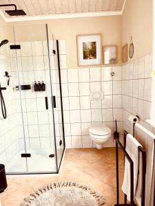 uma casa de banho com um chuveiro e um WC. em Strandzone 29 em Kronsgaard