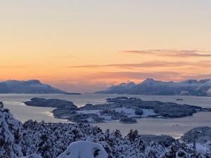 Feriehus nær badeplass og Molde sentrum في Årøy: جزيرة في جسم ماء مع اشجار مغطاة بالثلج