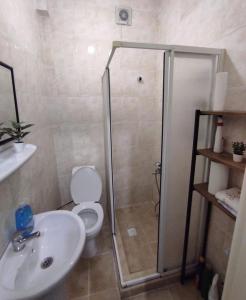 a bathroom with a shower and a toilet and a sink at Kadıköy Yeldeğirmeni'nde daire in Istanbul