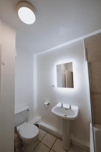 y baño con aseo, lavabo y espejo. en GoldenGlow Apartment 15 MIN Airport, en Dublín