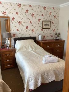 a bedroom with a bed and two dressers and a mirror at Barons Court in Great Yarmouth