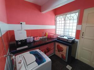 a kitchen with a washing machine and a sink at Juwita Homestay Bukit Katil - Free Unifi and 15 Minutes To Town in Melaka