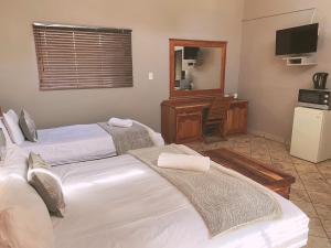a hotel room with two beds and a television at The Wilds Lodge in Kuruman