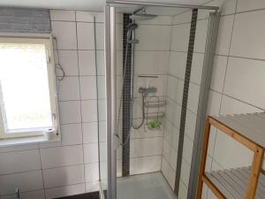 a shower stall in a bathroom with a sink at Bungalow im Grünen in Werneuchen