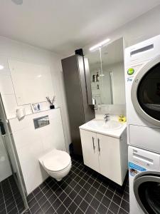 y baño con aseo, lavabo y lavadora. en Very cozy and central appartment near the city centre, en Tromsø
