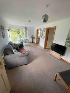 sala de estar con sofá y TV en Modern Apartment by river - 20 mins to Belfast, en Dunadry