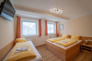 una camera da letto con due letti e una TV a schermo piatto di Appartements Laura a Mayrhofen Altre 50 foto