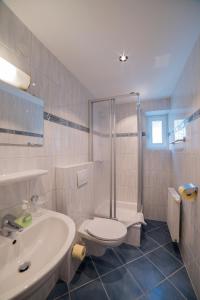 un bagno con doccia, WC e lavandino di Appartements Laura a Mayrhofen