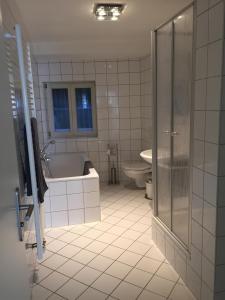 a bathroom with a bath tub and a toilet at Ferienwohnung Kaulberg in Bamberg