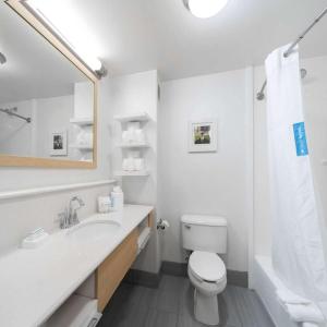 uma casa de banho branca com um WC e um lavatório em Hampton Inn & Suites Modesto - Salida em Modesto