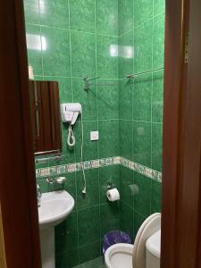 a green bathroom with a sink and a toilet at Hotel Pavo in Tbilisi City +27 photos