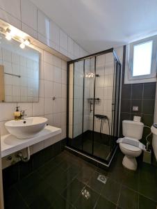 ein Bad mit einer Dusche, einem Waschbecken und einem WC in der Unterkunft DeniaStella villas in Skala Potamias
