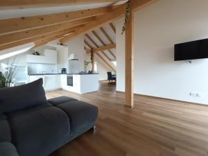 a living room with a couch and a kitchen at Weinrebenblick in Maikammer