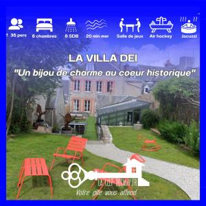 a website of a house with red chairs in a yard at Villa Dei 15pers SPA Baby-foot 20min Mer in Villedieu-les-Poêles