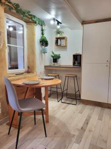 uma cozinha com uma mesa e cadeiras e um frigorífico em studio cosy rdc centre Laval vu château et jardin em Laval
