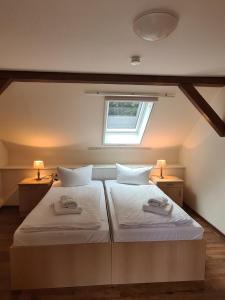 two beds in a small room with a window at "Spreehof" Apartmenthaus in Lehde in Lübbenau